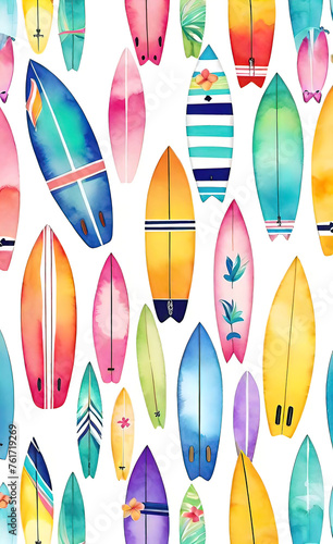 watercolor illustration, Seamless bright pattern with surfboards for design, outdoor activity concept, seamless smartphone wallpaper,