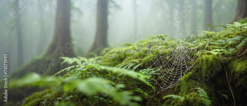 misty forest dawn, fog, tall trees and quiet air