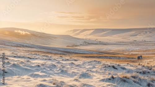 Snow blankets a field with a towering mountain in the distance  under a clear sky.