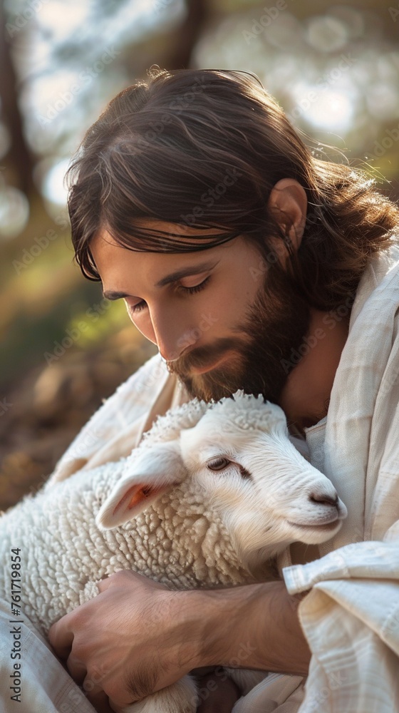 Jesus Christ holding a little lamb of Easter holiday concept Jesus Christ holding a little lamb of Easter holiday concept