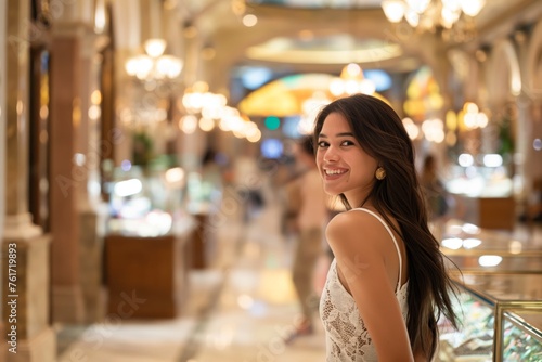 Cheerful young lady enjoys a day out in an elegant mall interior with warm lighting
