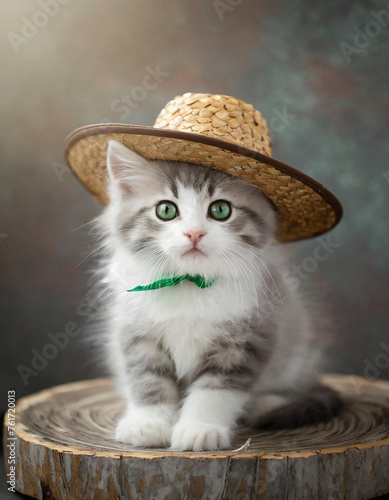 Cute white kitten with green eyes wearing a straw hat sitting on a tree trank with grunge wall background