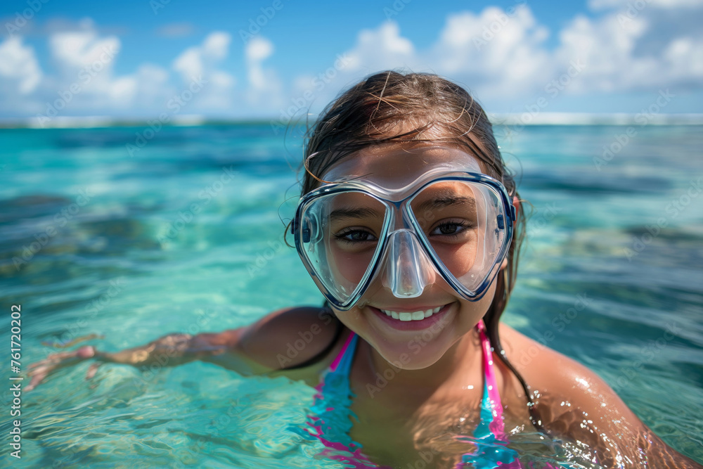 Smiling young girl with snorkel mask enjoying the clear blue ocean