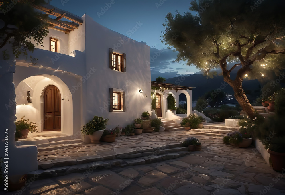 ancient Greek house with a white facade at night, with wide windows and a large garden, with an olive tree in the garden, overlooking the sea,