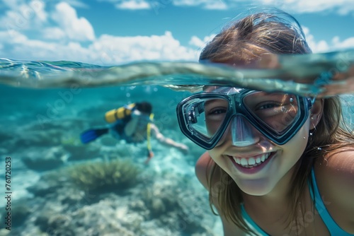 Happy young Caucasian girl enjoying a joyful underwater snorkeling adventure with a big smile in the clear tropical ocean water during her leisure activity on a fun summer vacation