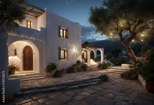 ancient Greek house with a white facade at night, with wide windows and a large garden, with an olive tree in the garden, overlooking the sea,