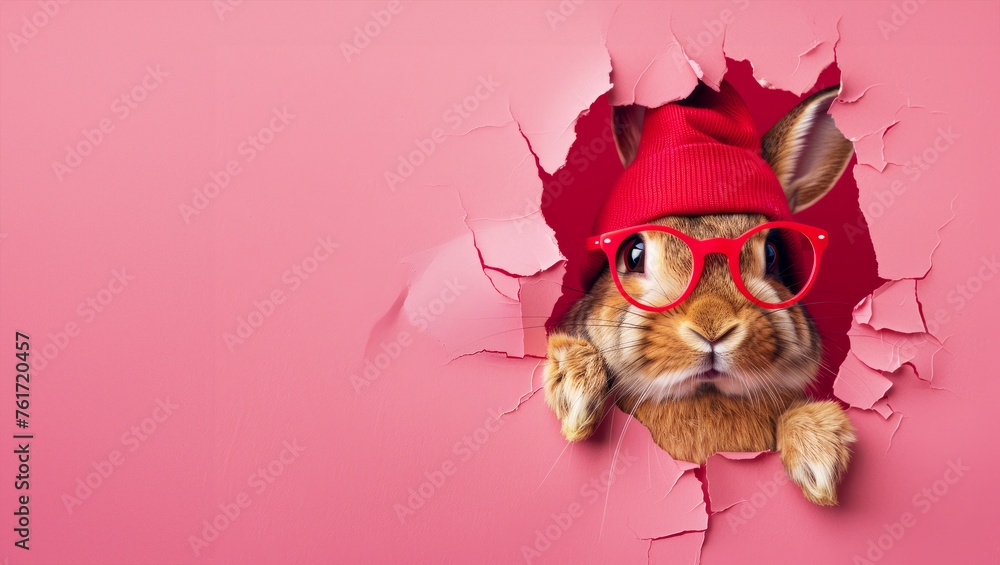 A rabbit wearing glasses is peeking out from a hole in a pink wall. rabbit's quirky and playful appearance, while the pink background adds a sense of calm. A curious brown rabbit with orange glasses