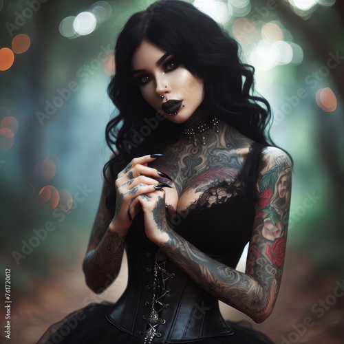Portrait of a goth girl with black hair and many tattoos