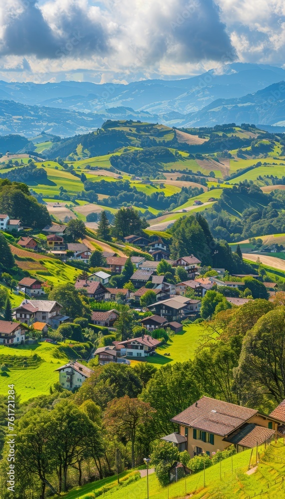 Fototapeta premium Tranquil swiss alps majestic mountains, lush valleys, serene countryside landscape in switzerland