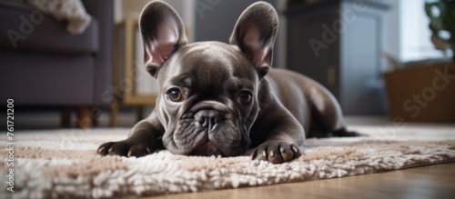 A fawn French Bulldog puppy with wrinkled skin, perky ears, and whiskers is laying on a rug in a living room. This carnivorous dog breed is a popular choice as a companion and toy dog photo