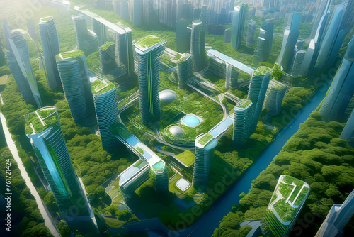 Smart sustainable city architecture with buildings for carbon footprint, environment and futuristic. Eco friendly town for green ecology with plants. Generative AI.
