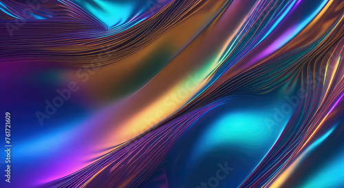 Abstract holographic curves wrinkled blue purple gold neon background texture for design.Liquid metal waves.Generative AI