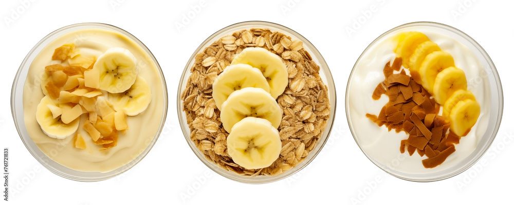 Top view of a various Vanilla puddings PNG bowl with banana slices with crispy cereals isolated on a white and transparent background - food bundle snack pastry Restaurant Bakery Menu advertising Top view of a various Vanilla puddings PNG bowl with banana slices with crispy cereals isolated on a white and transparent background - food bundle snack pastry Restaurant Bakery Menu advertising