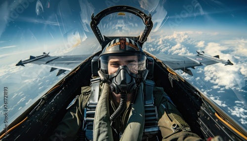 Pilot in cockpit of fighter jet above the clouds © Minerva Studio
