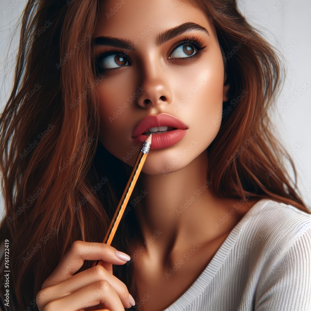 Portrait of a beautiful woman thinking and holding a pen to her mouth Portrait of a beautiful woman thinking and holding a pen to her mouth