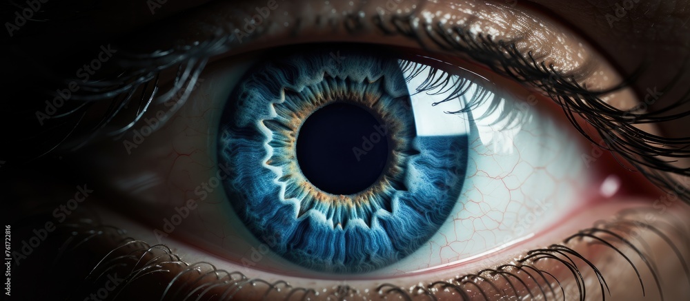 A macro photograph of a human bodys brown eye with electric blue iris ...