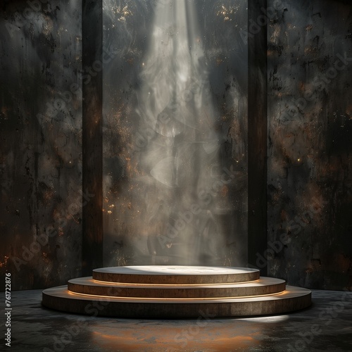 Circular podium with steps and rays of light descending with smoke particles in the background. For product presentation