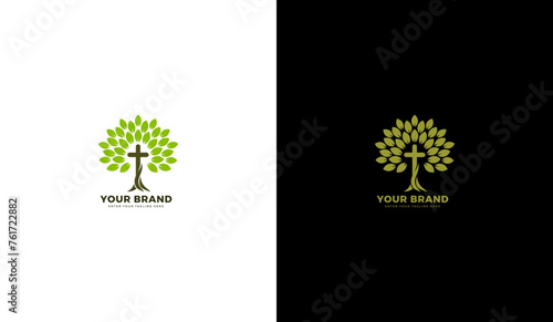Cross tree logo. Christian gospel icon. Vector illustration
