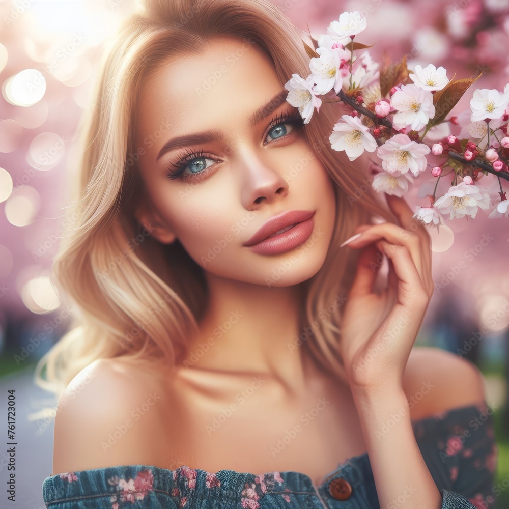 Portrait of a beautiful woman with blonde hair. In the background are Japanese cherry blossoms