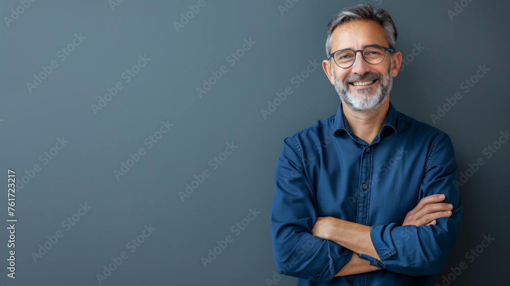 Obraz premium Portrait mature businessman smiling while standing against blue wall