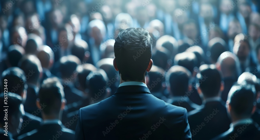 A man is standing in front of a large crowd of people, facing them with a confident posture. - obrazy, fototapety, plakaty 