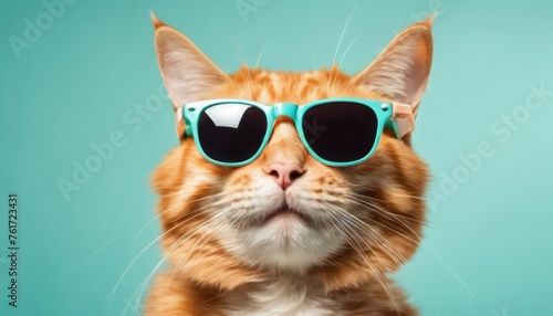 Cool cat in sunglasses on turquoise background