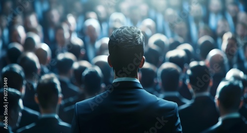 A man is standing in front of a large crowd of people, facing them with a confident posture.