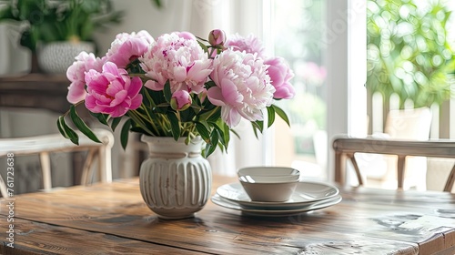 Elevate your dining experience with our photo of a vase filled with pink peonies on a rustic wooden table in a cozy dining room