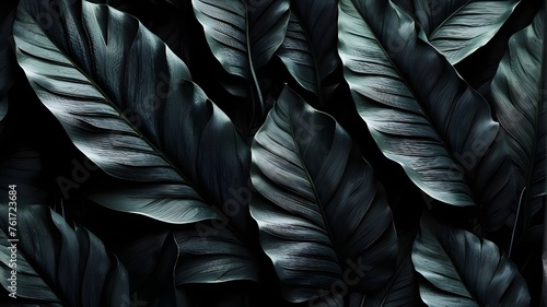 Abstract black leaf textures for a tropical leaf background. Digital artificial intelligence, dark nature theme, flat lay, tropical leaf