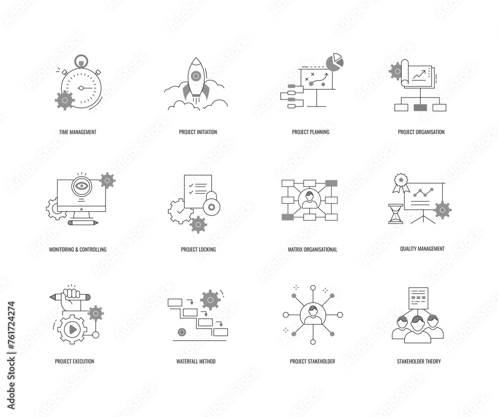 Streamline Your Workflow. Essential Project Management Icons. Pro Iconography for Project Management. Boost Clarity & Effectiveness. Vector editable stroke and colors.