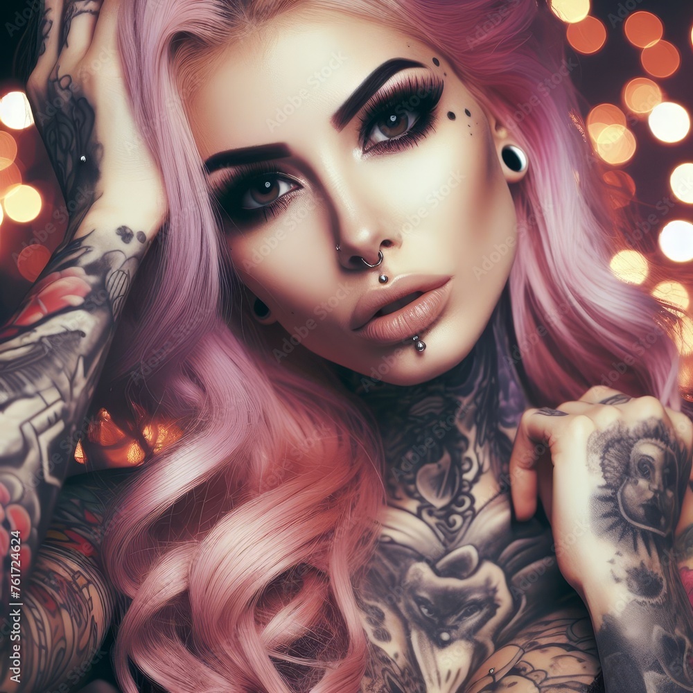Portrait of a beautiful woman with pink hair and many tattoos