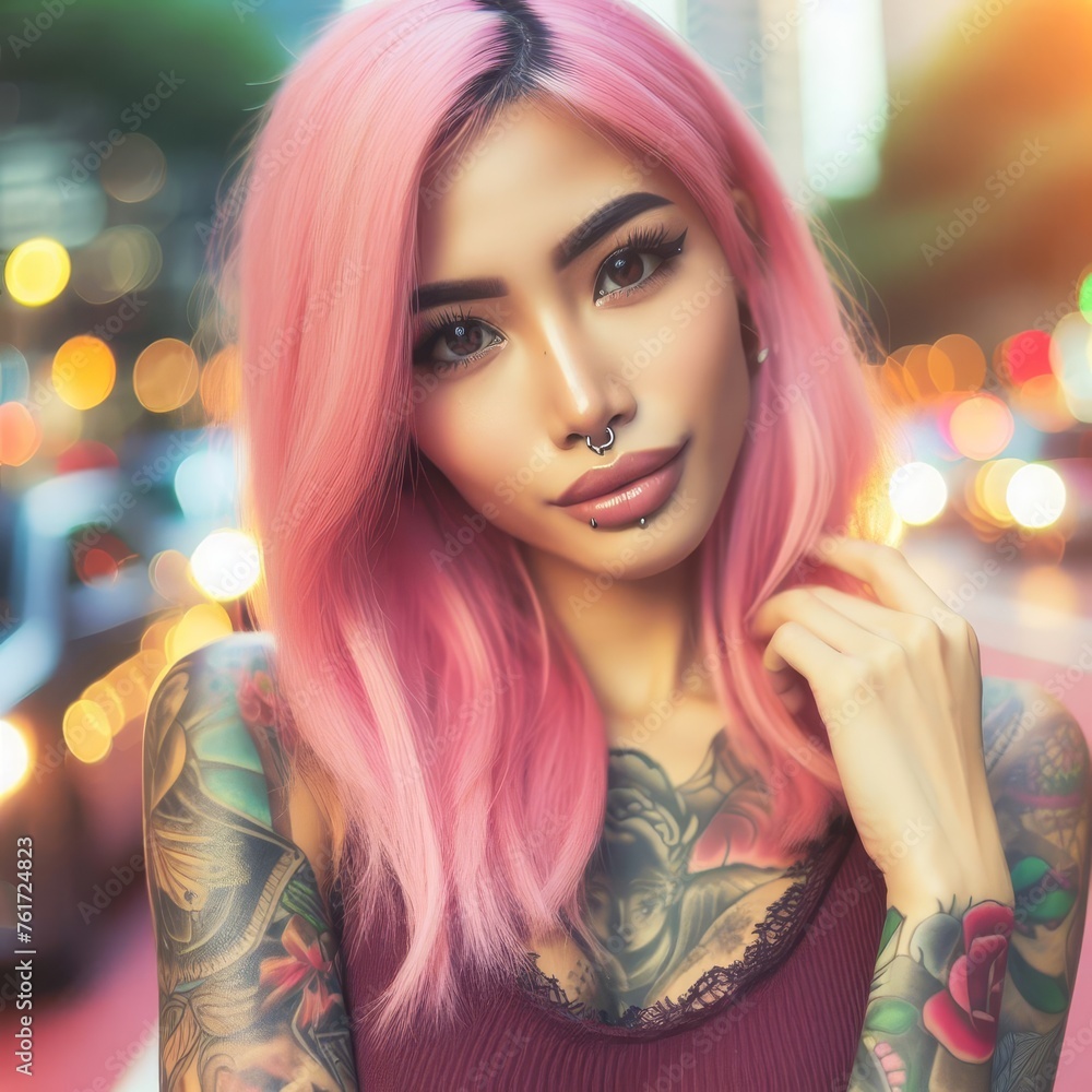 Portrait of a beautiful woman with pink hair and many tattoos Portrait of a beautiful woman with pink hair and many tattoos