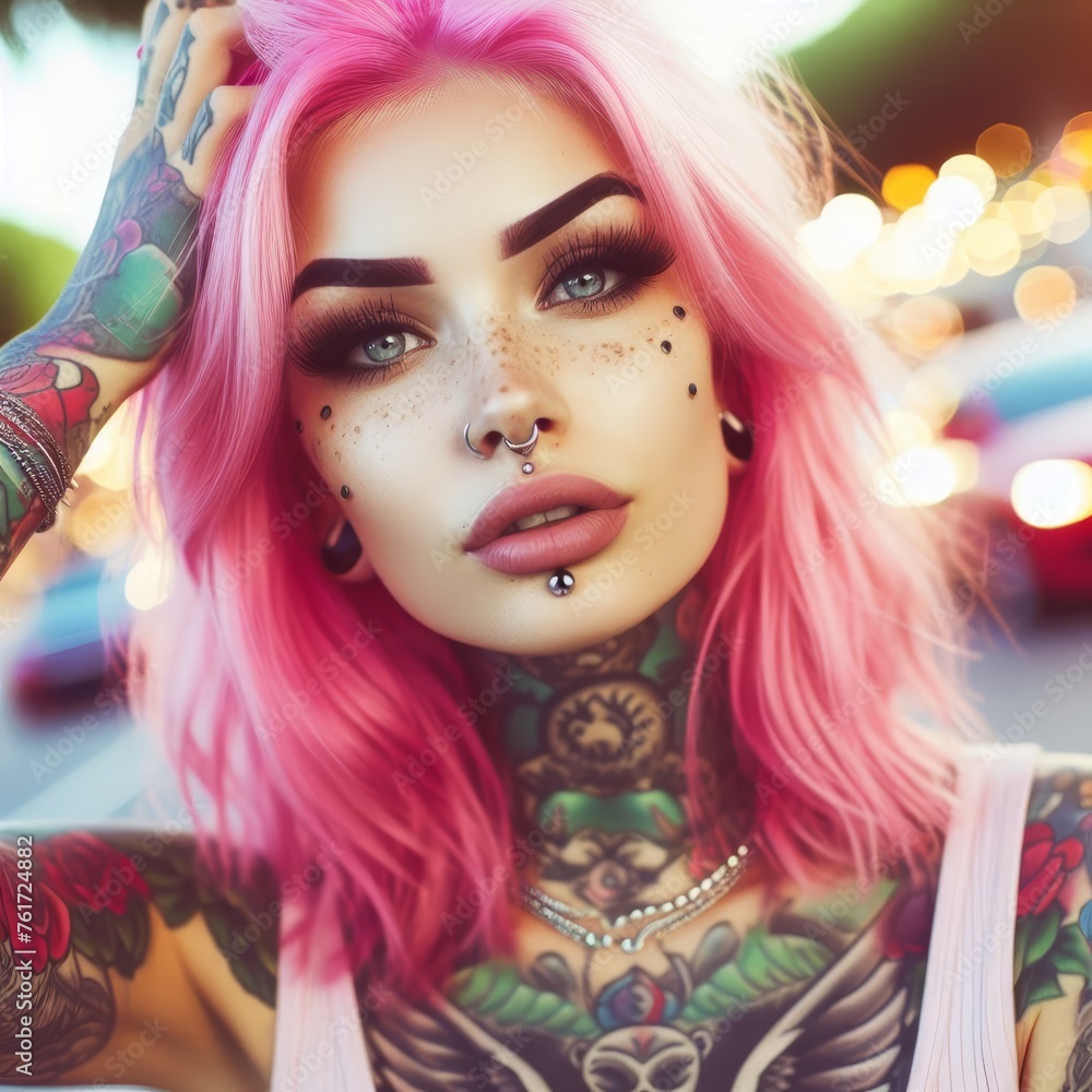Portrait of a beautiful woman with pink hair and many tattoos Portrait of a beautiful woman with pink hair and many tattoos