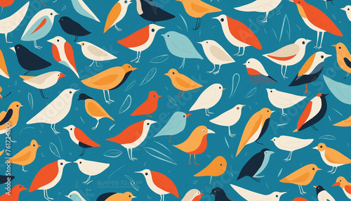 Abstract bird animal shape seamless pattern. Contemporary art flat cartoon background, simple birds flying in bright blue sky colors. 
