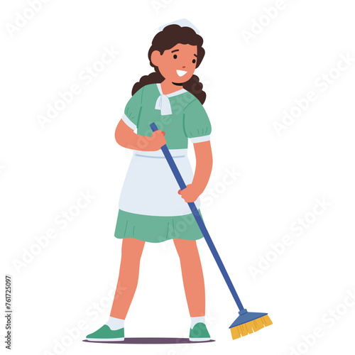 Petite Girl Character In A Maid Dress Delicately Sweeps, Embodying The Essence Of A Future In Domestic Service