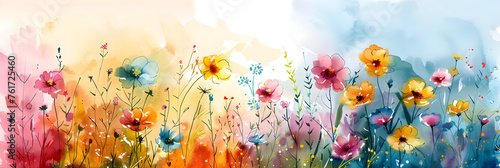 Colorful watercolor abstract flower meadow background with rainbow wildflower wallpaper  perfect for nature-themed designs and cheerful decor.