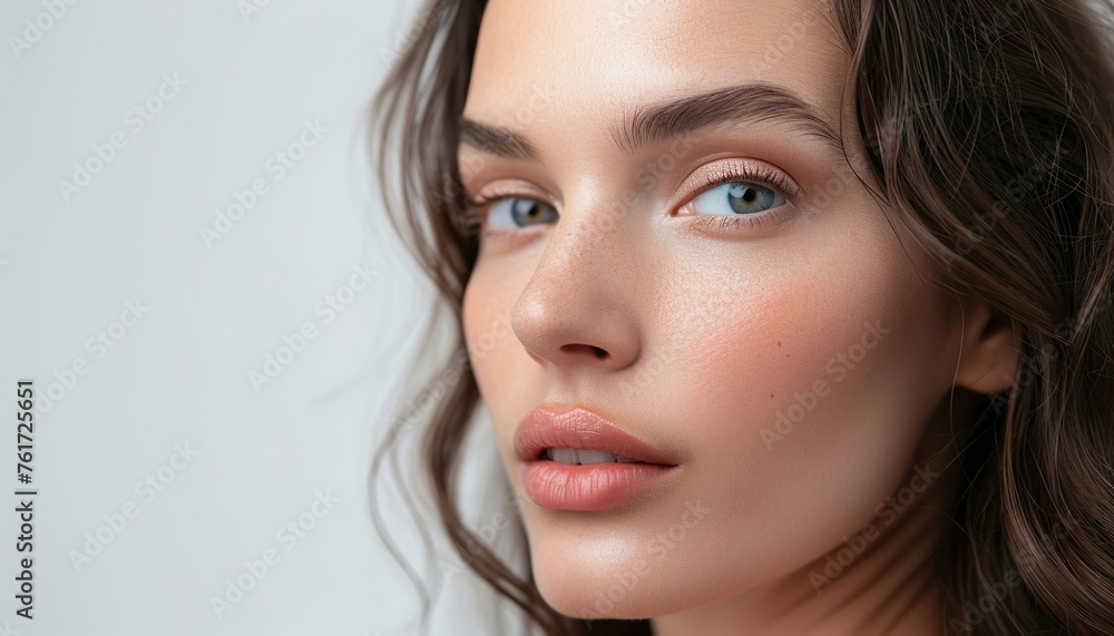 Soft-Gazed Young Woman with Natural Makeup and Wavy Hair Soft-Gazed Young Woman with Natural Makeup and Wavy Hair