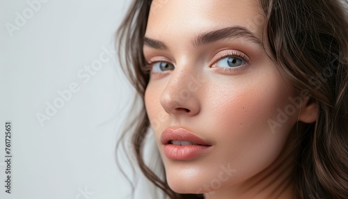 Soft-Gazed Young Woman with Natural Makeup and Wavy Hair