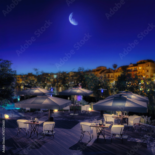 Focus at an Exterior Restaurant at a Swimming Pool Deck - 3D Visualization