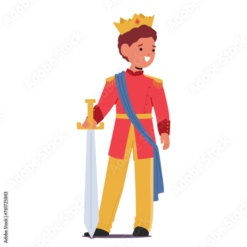 Young Child Character Dressed As A Prince, Adorned In Regal Costume, Golden Crown And Sword, Embodies Nobility