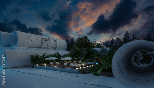 Project of a Outdoor Patio Restaurant Illuminated by Night - 3D Visualization