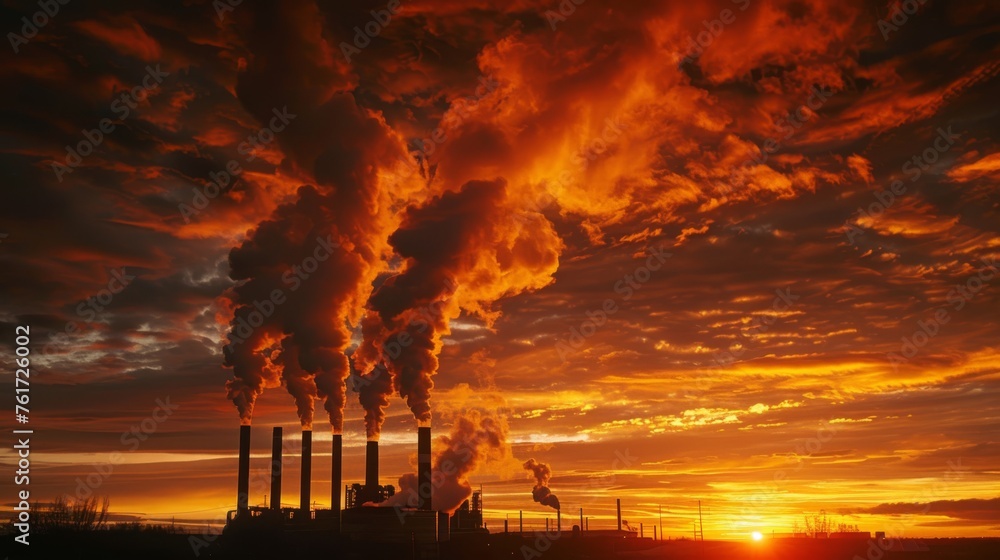 smoke billowing from the chimneys of manufacturing plant against the backdrop of a fiery sunset
