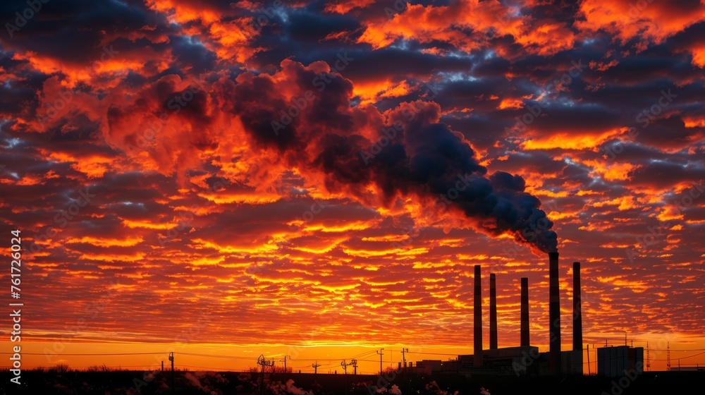 smoke billowing from the chimneys of manufacturing plant against the backdrop of a fiery sunset
