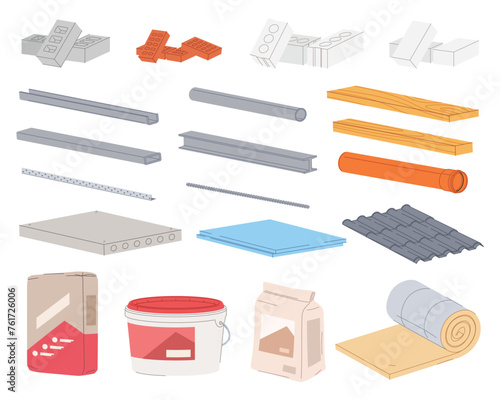 A set of building materials for construction. Repair at home. Construction store with a large selection of building materials. Vector illustration