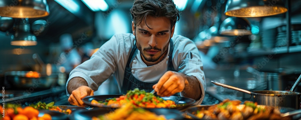 Naklejka premium Male cook serving food on plate