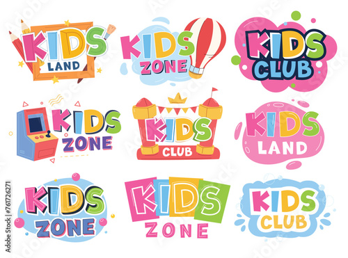 A set of logos for children entertainment rooms. Bright colored inscriptions in children style. Vector illustration