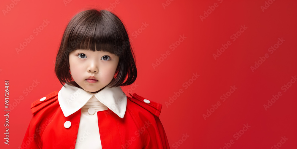 Stylish cool Asian small girl, wearing fashionable coat and dress, fashion supermodel kid, Banner copy space on side. Generative AI Stylish cool Asian small girl, wearing fashionable coat and dress, fashion supermodel kid, Banner copy space on side. Generative AI