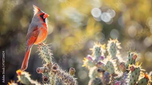 A red bird is perched atop a cactus, showcasing a unique and striking natural interaction.