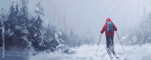 Man backcountry skis through snowy environment