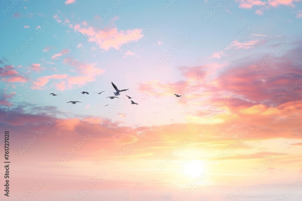 Fototapeta premium A serene image depicting birds in flight against a softly colored sunset sky, evoking peace and freedom.